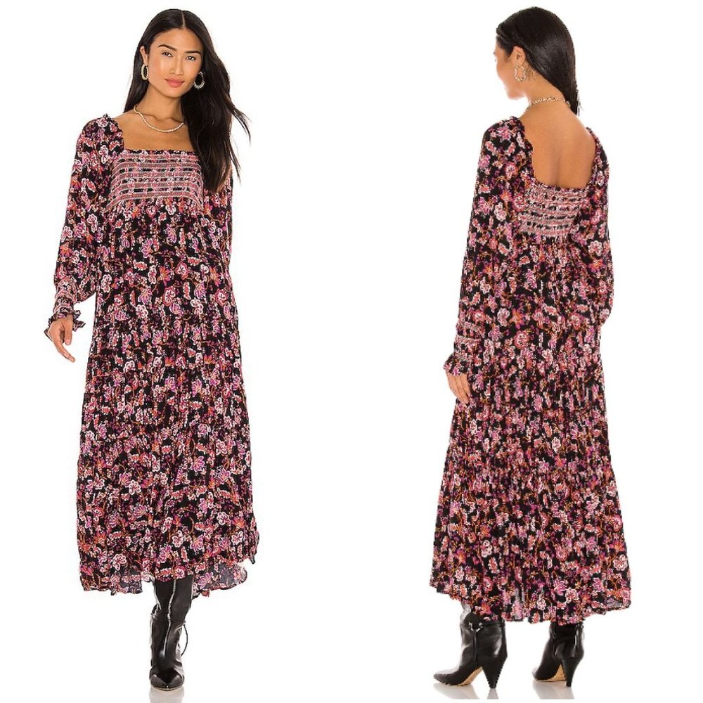 Free People Sweet Escape Square Neck Long Puff Sleeve Floral Maxi Dress Black - Picture 1 of 8